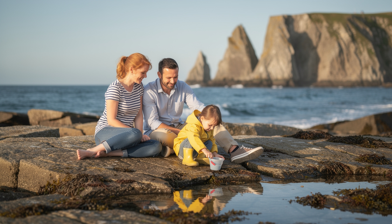 Famille en vacances estivales en Bretagne avec enfants en bas âge
